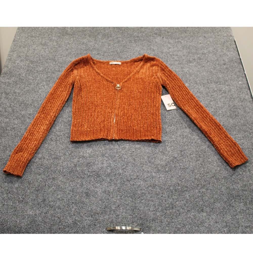 SO Cinnamon Rose Chenille‎ Zip Front Cropped Ribbed Sweater JG24S134RS Medium